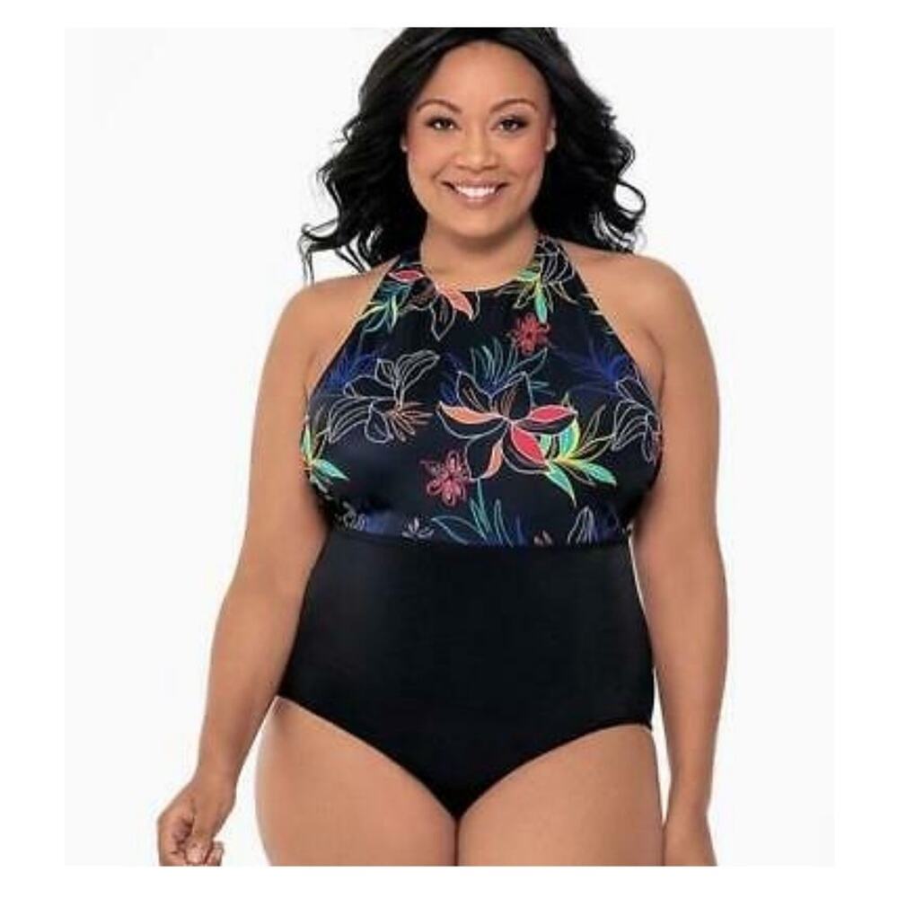 Eco Beach High Neck Tropical Floral One Piece Swimsuit Women's Size XL Swimwear